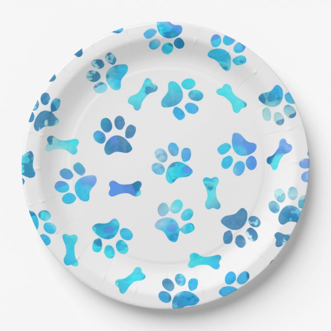 Blue Watercolor Paw Prints Paper Plate (Front)