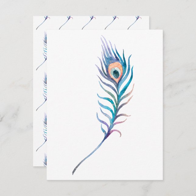 Blue watercolor peacock feather illustration card (Front/Back)