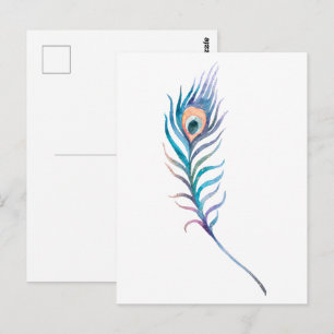 Blue watercolor peacock feather illustration postcard