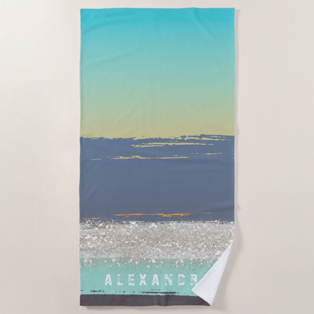 Blue Watercolor Personalised Beach Towel (Front)