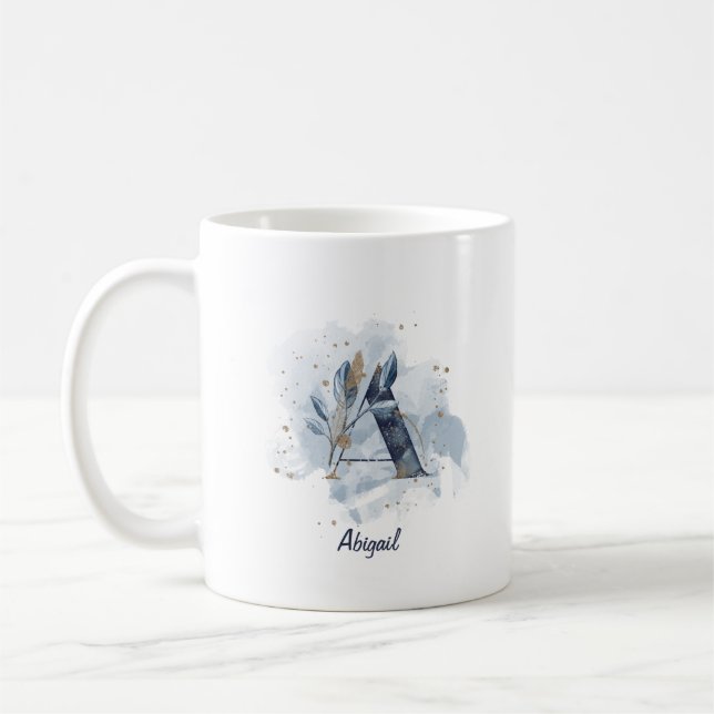 Blue Watercolor Personalised Name Letter Initial A Coffee Mug (Left)