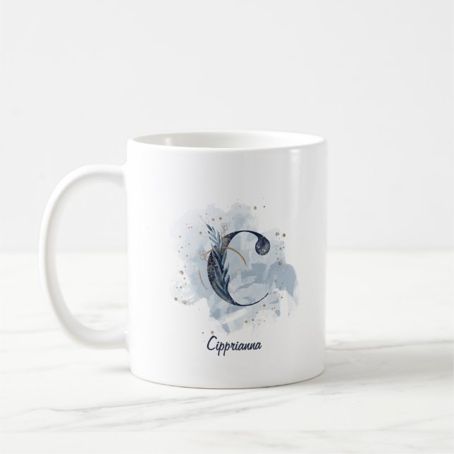Blue Watercolor Personalised Name Letter Initial C Coffee Mug (Left)