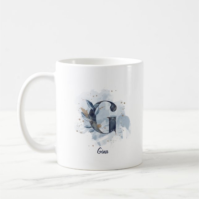 Blue Watercolor Personalised Name Letter Initial G Coffee Mug (Left)