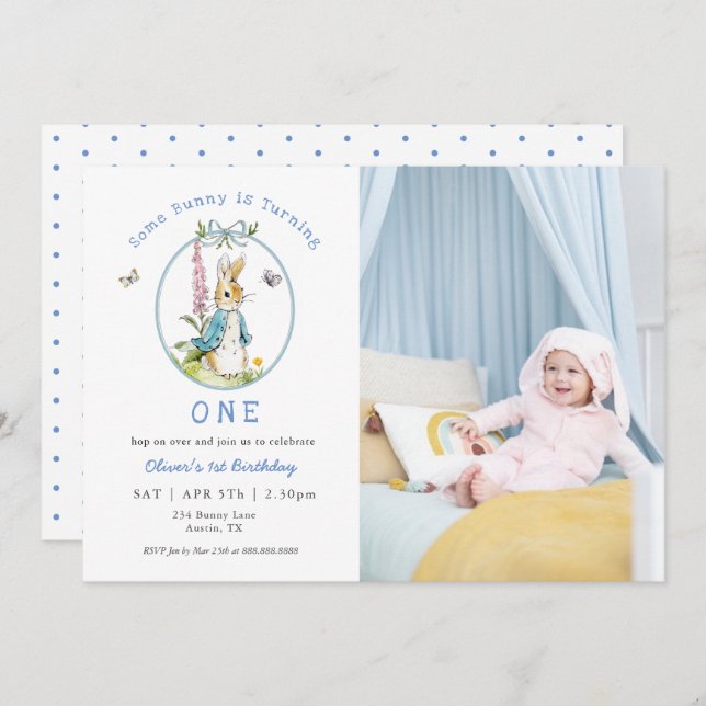 Blue Watercolor Peter Rabbit  1st birthday Invitation (Front/Back)