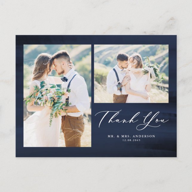 Blue Watercolor Photo Collage Wedding Thank You Postcard (Front)