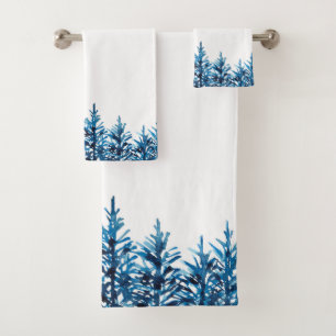 Blue Watercolor Pine Trees Bath Towel Set