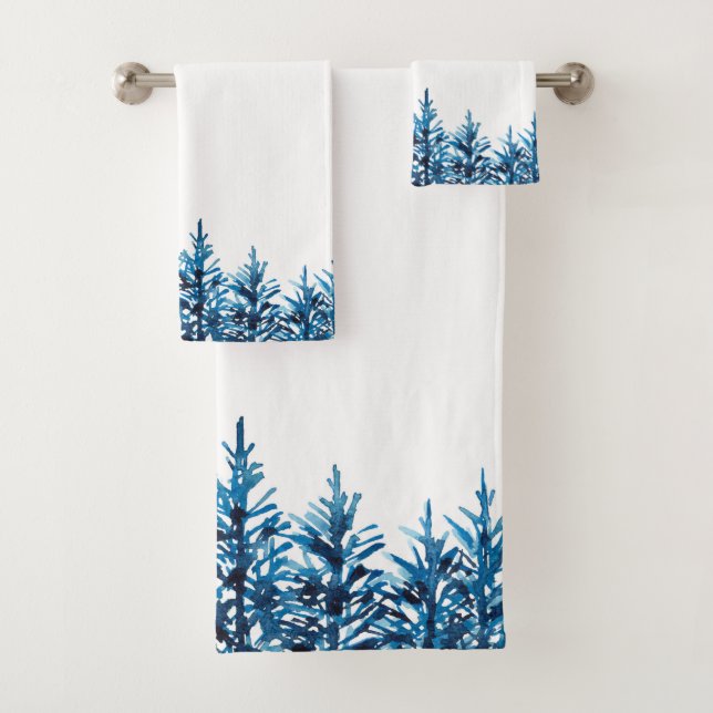Blue Watercolor Pine Trees Bath Towel Set (Insitu)