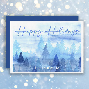 Blue Watercolor Pine Trees Winter Happy Holidays  Holiday Card