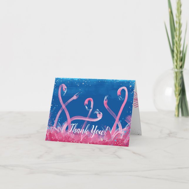 Blue Watercolor Pink Flamingo Thank You Cards (Front)