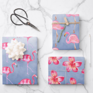 Blue Watercolor Pink Flamingoes Floral Wrapping Paper Sheet