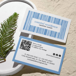 BLUE WATERCOLOR PINSTRIPE BEACH COASTAL  BUSINESS CARD