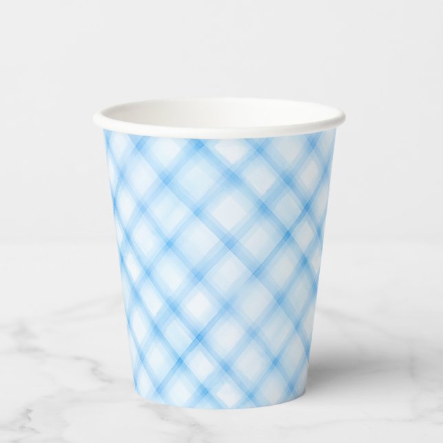 Blue Watercolor Plaid Baby Shower Paper Cups (Front)