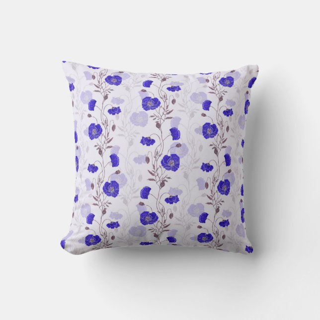 Blue Watercolor Poppies Cushion (Front)