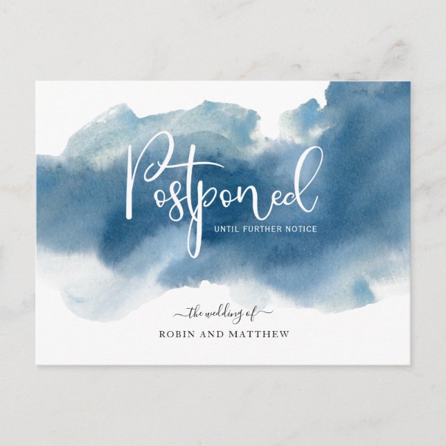Blue Watercolor, Postponement Wedding Announcement Postcard (Front)