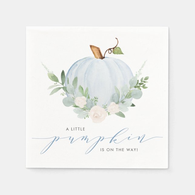 Blue Watercolor Pumpkin Autumn Baby Shower Napkin (Front)