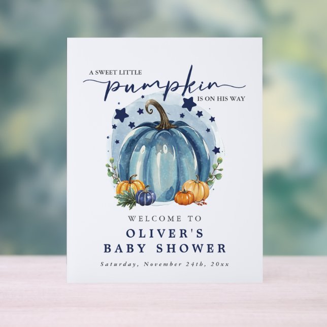 Blue Watercolor Pumpkin Boy Baby Shower Welcome Acrylic Sign (Neutral)
