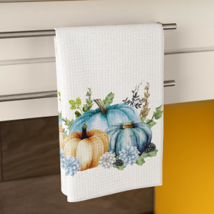 Blue  Watercolor Pumpkin Fall Autumn  Tea Towel