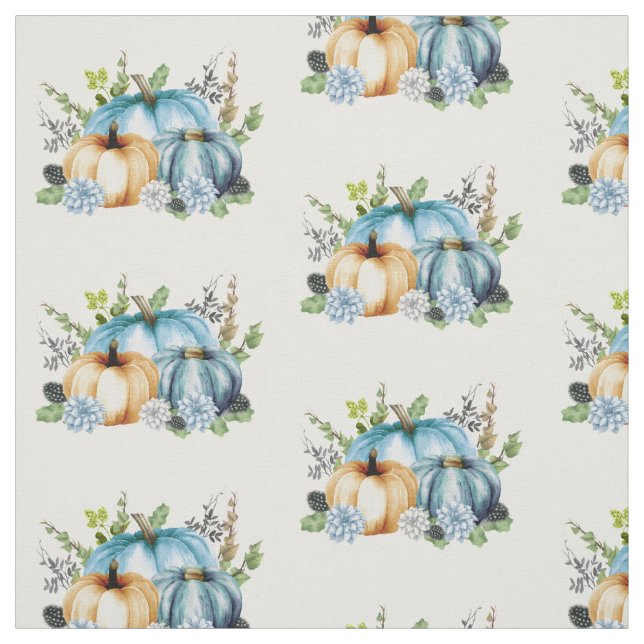 Blue Watercolor Pumpkin Pattern Fabric (Swatch)