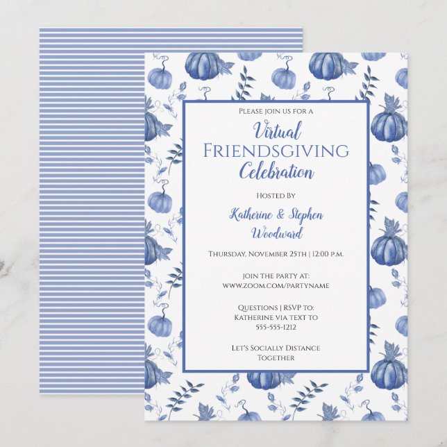Blue Watercolor Pumpkin Virtual Friendsgiving Invitation (Front/Back)