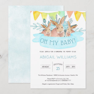 Blue Watercolor Rabbits Gender Neutral Baby Shower Invitation