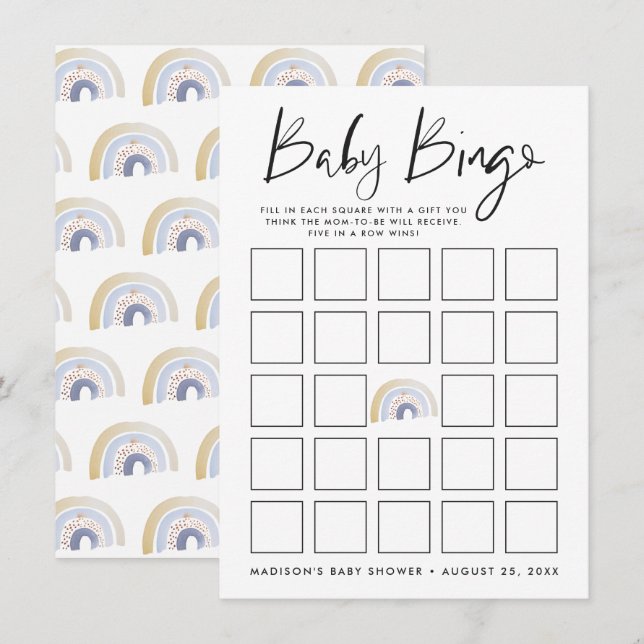 Blue Watercolor Rainbow Baby Shower Bingo Card (Front/Back)