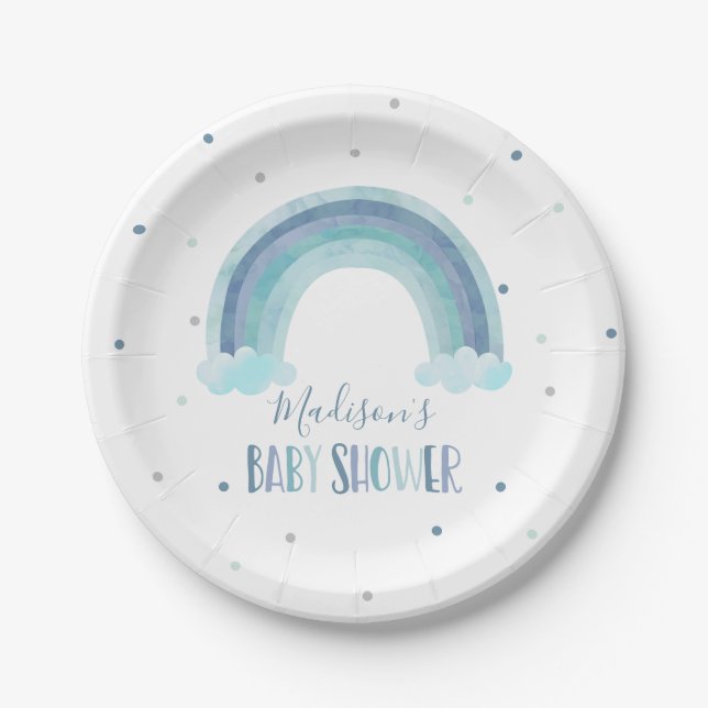Blue Watercolor Rainbow Baby Shower Paper Plate (Front)