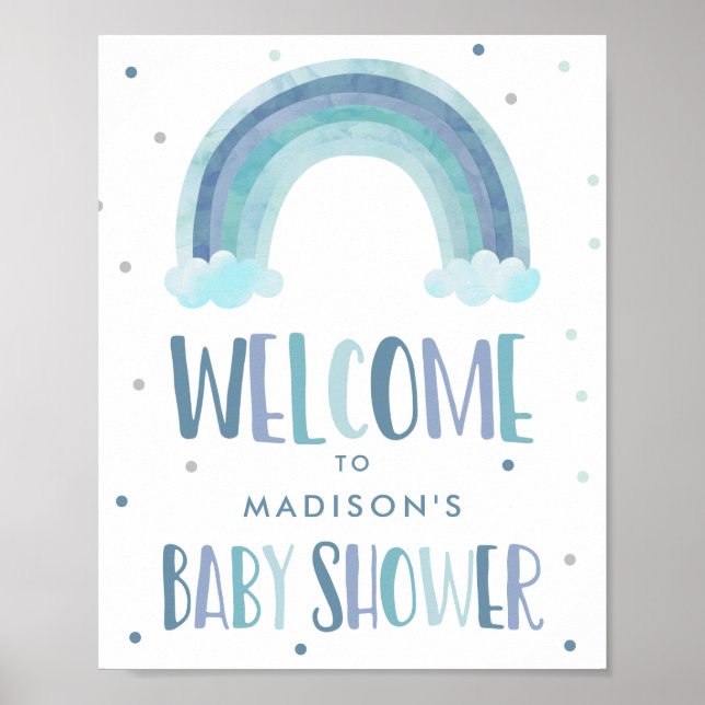 Blue Watercolor Rainbow Baby Shower Welcome Poster (Front)
