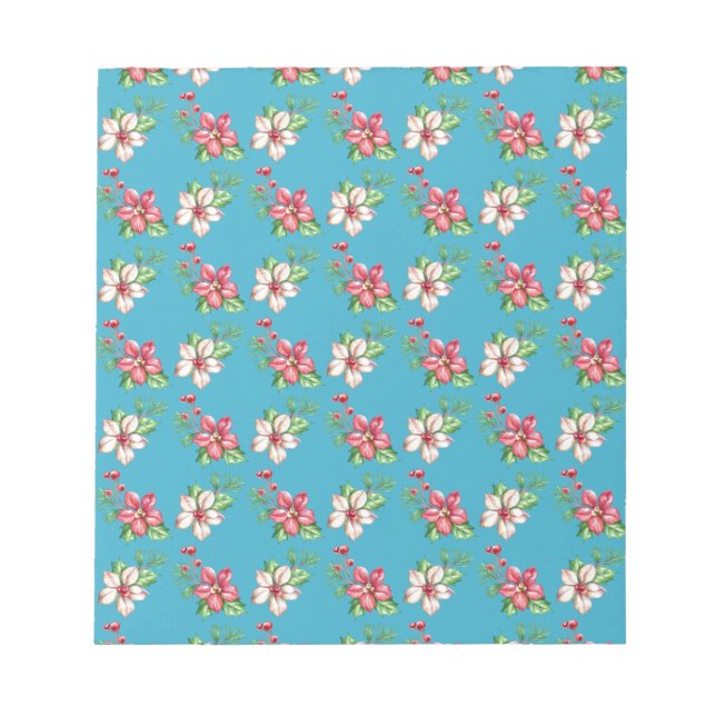 Blue Watercolor Red & White Poinsettias Notepad (Front)