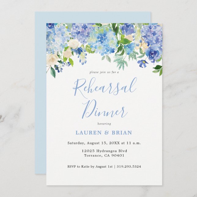 Blue Watercolor Rehearsal Dinner Invitation (Front/Back)
