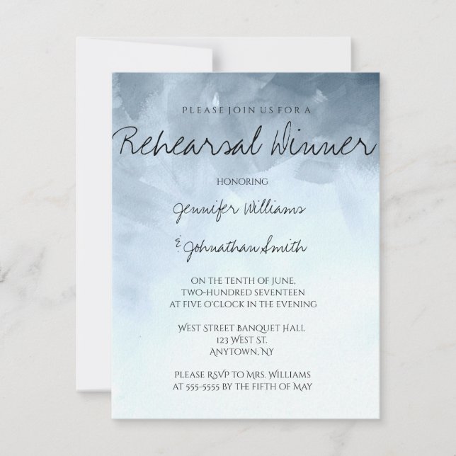 Blue watercolor rehearsal dinner invitations (Front)