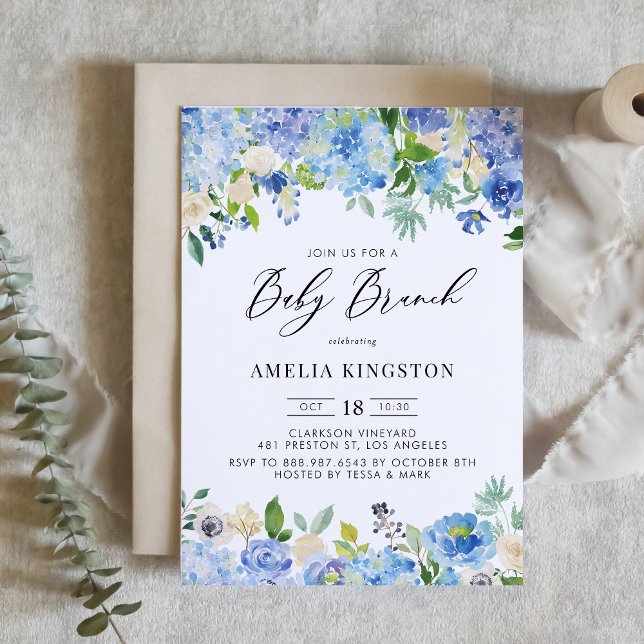 Blue Watercolor Rose and Hydrangea Baby Brunch Invitation (Creator Uploaded)
