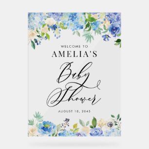 Blue Watercolor Rose and Hydrangea Baby Shower Acrylic Sign