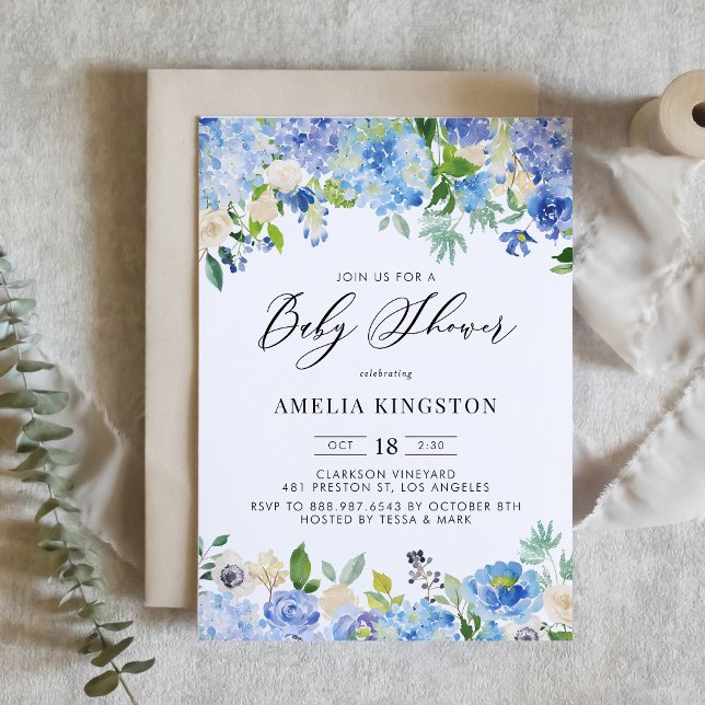 Blue Watercolor Rose and Hydrangea Baby Shower Invitation (Creator Uploaded)