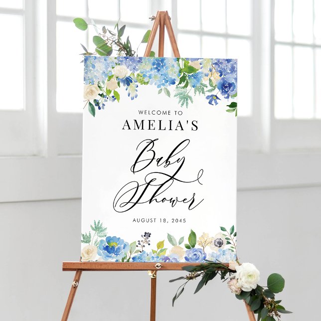 Blue Watercolor Rose and Hydrangea Baby Shower Poster (Creator Uploaded)