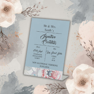 blue watercolor rose signature wedding cocktail pedestal sign
