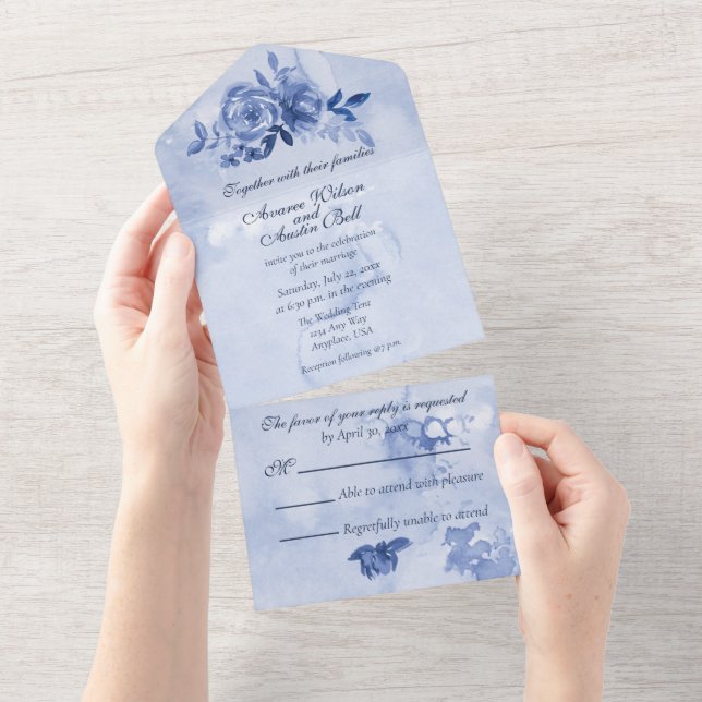 Blue Watercolor Roses  All In One Invitation (Tearaway)