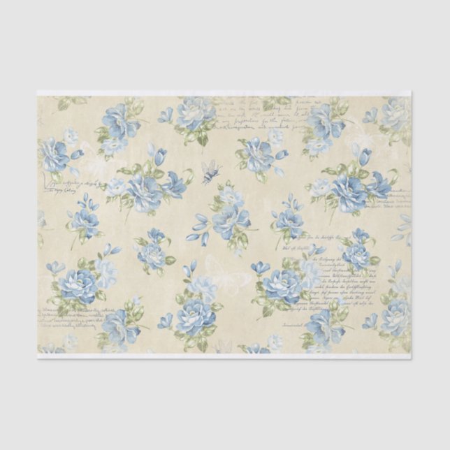 Blue Watercolor Roses and Text Collage Tissue Paper (Front)