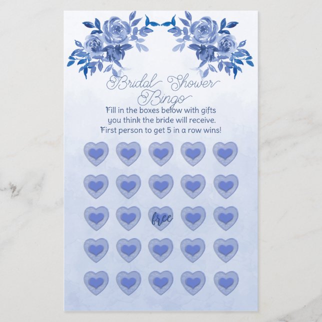 Blue Watercolor Roses Bridal Shower Bingo Flyer (Front)