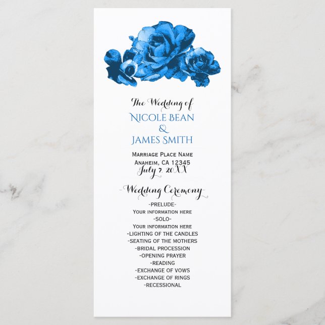 Blue Watercolor Roses Elegant Wedding Program Programme (Front)