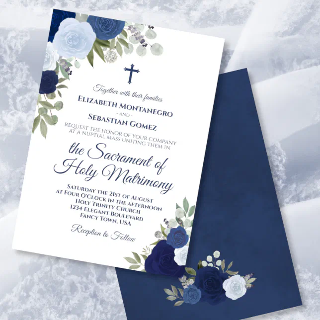 Blue Watercolor Roses Modern Catholic Wedding Invitation | Zazzle