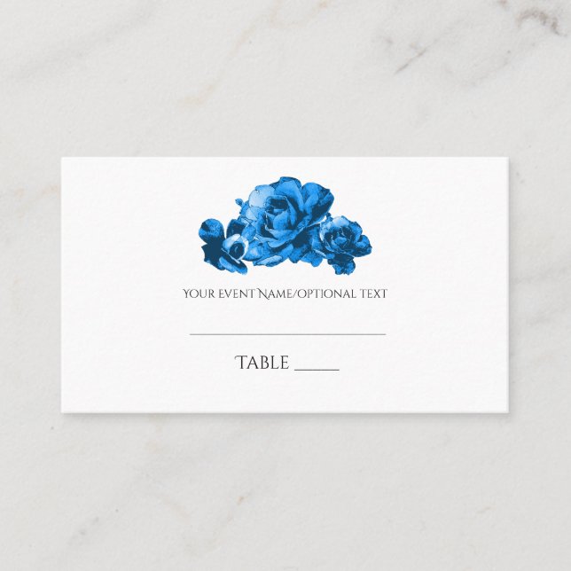 Blue Watercolor Roses Wedding Seating Place Card (Front)