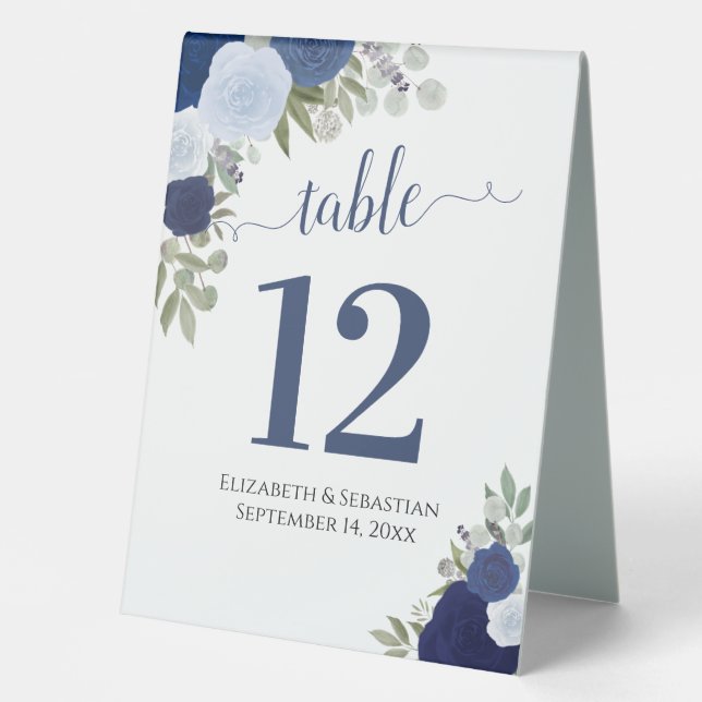 Blue Watercolor Roses Wedding Table Number (Front)