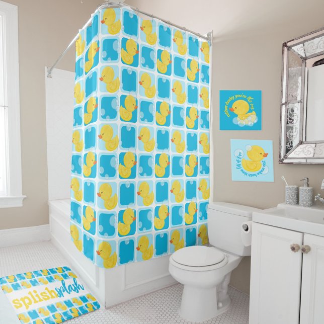 Blue Watercolor Rubber Duck Chequered Shower Curtain (Blue Watercolor Rubber Duck Checkered Shower Curtain)