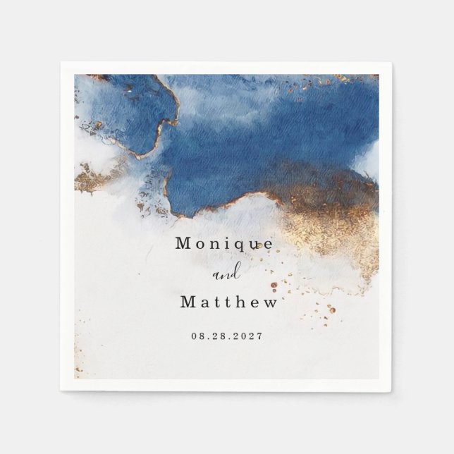 Blue Watercolor Rust Copper Gold Agate Wedding Napkin (Front)