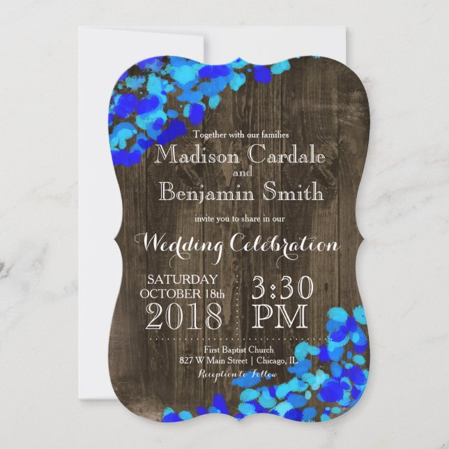 Blue Watercolor Rustic Barn Wood Wedding Invites (Front)
