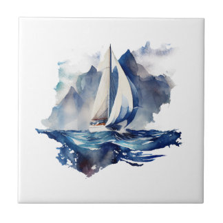  Blue Watercolor Sailboat Ceramic Tile
