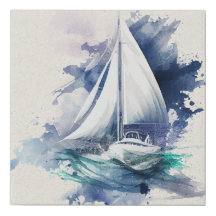 Blue Watercolor Sailing Faux Wrapped Canvas Print
