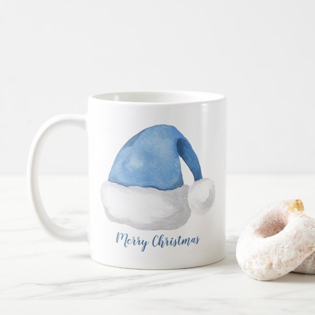 Blue Watercolor Santa Hat Personalised Christmas Coffee Mug (With Donut)
