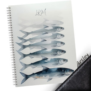 Blue Watercolor Sardine Art Custom Monogram Name  Notebook