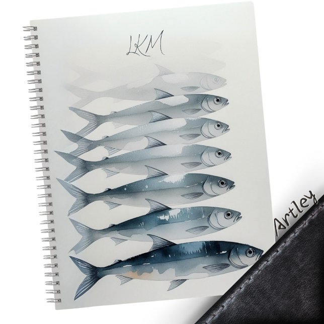 Blue Watercolor Sardine Art Custom Monogram Name  Notebook (Creator Uploaded)
